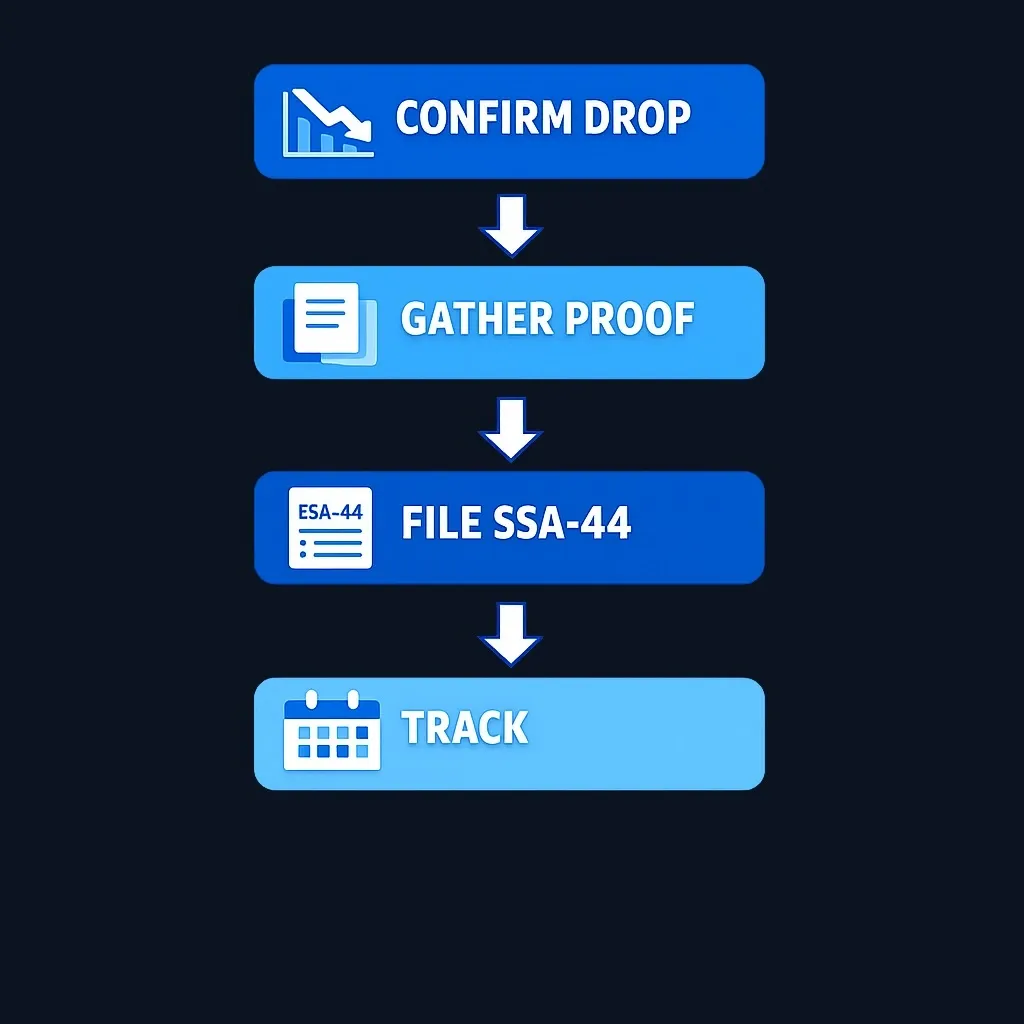 Four-step flowchart showing the IRMAA review request process from confirming income drop to tracking SSA decision