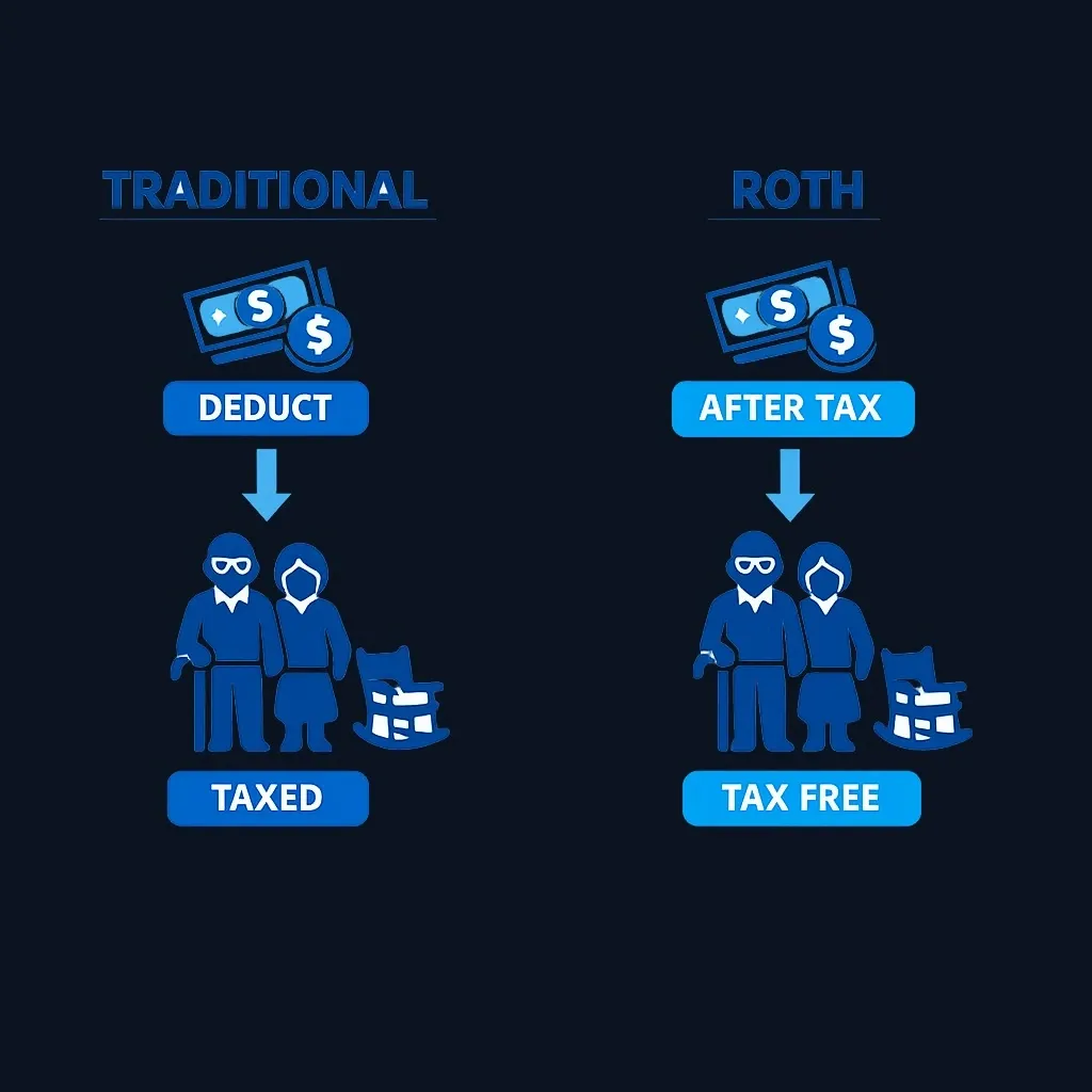 Side-by-side comparison of Traditional IRA and Roth IRA tax treatment and withdrawal rules