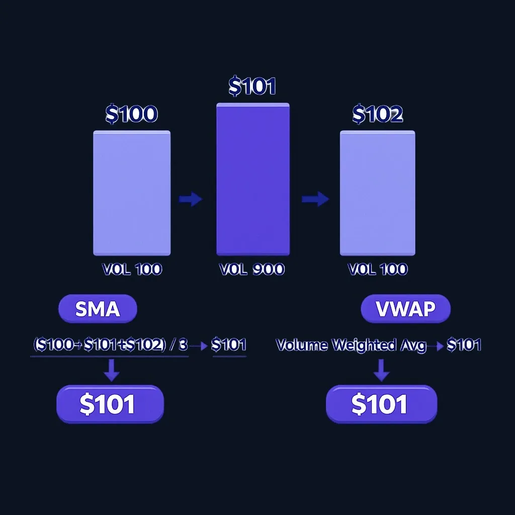 Step-by-step calculation diagram showing VWAP versus SMA for three price bars