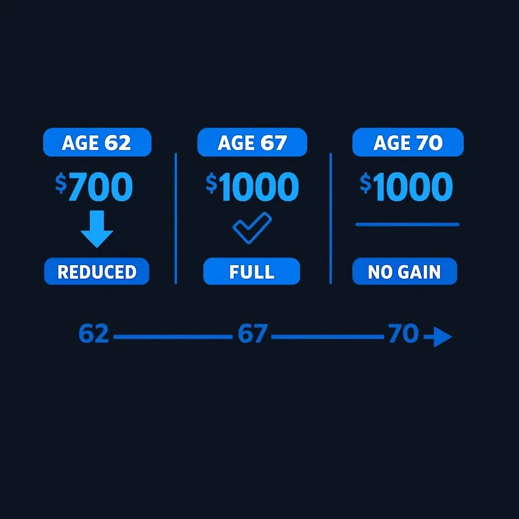 Three-column comparison showing monthly benefit amounts at age 62, 67, and 70 with trade-off notes