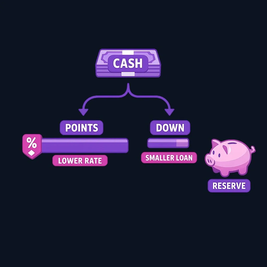 Diagram of one cash stack split into two paths, one lowering the interest rate and the other reducing the loan balance, with a separate reserve.