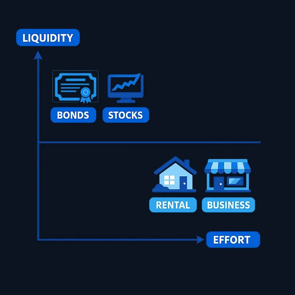 Two-axis chart placing bonds, dividend stocks, rental real estate and business ownership by liquidity and effort.