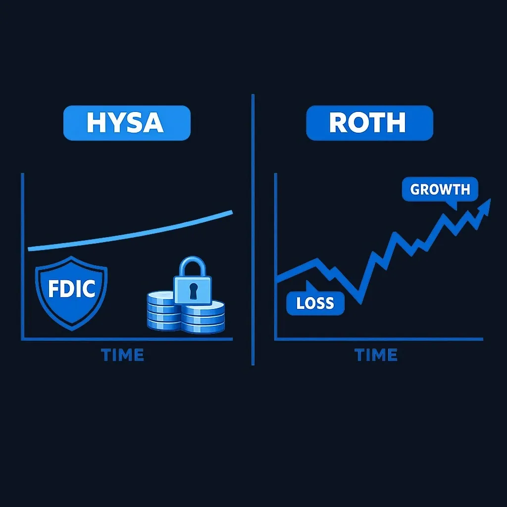 Split diagram: a flat steady balance line with a shield for the HYSA versus a volatile rising line for Roth IRA investments