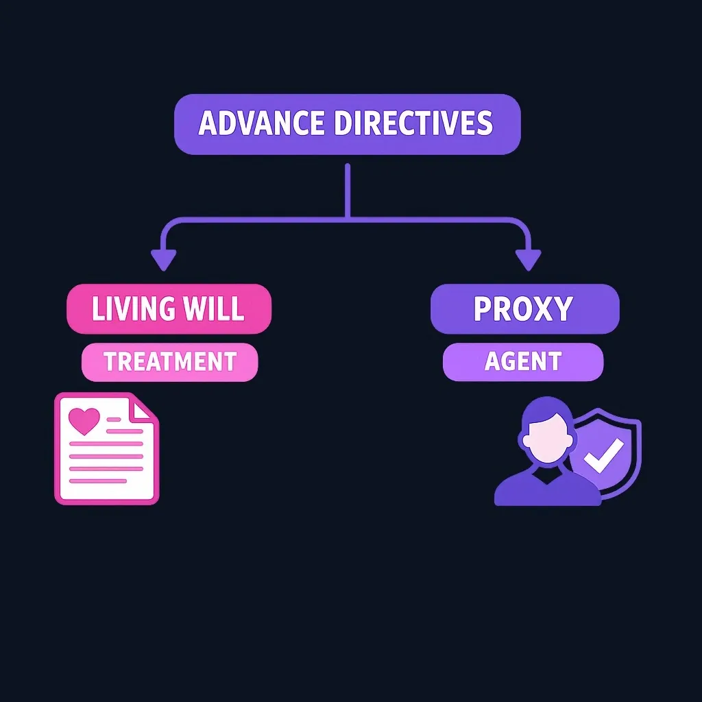 Diagram showing living will as part of advance directives framework