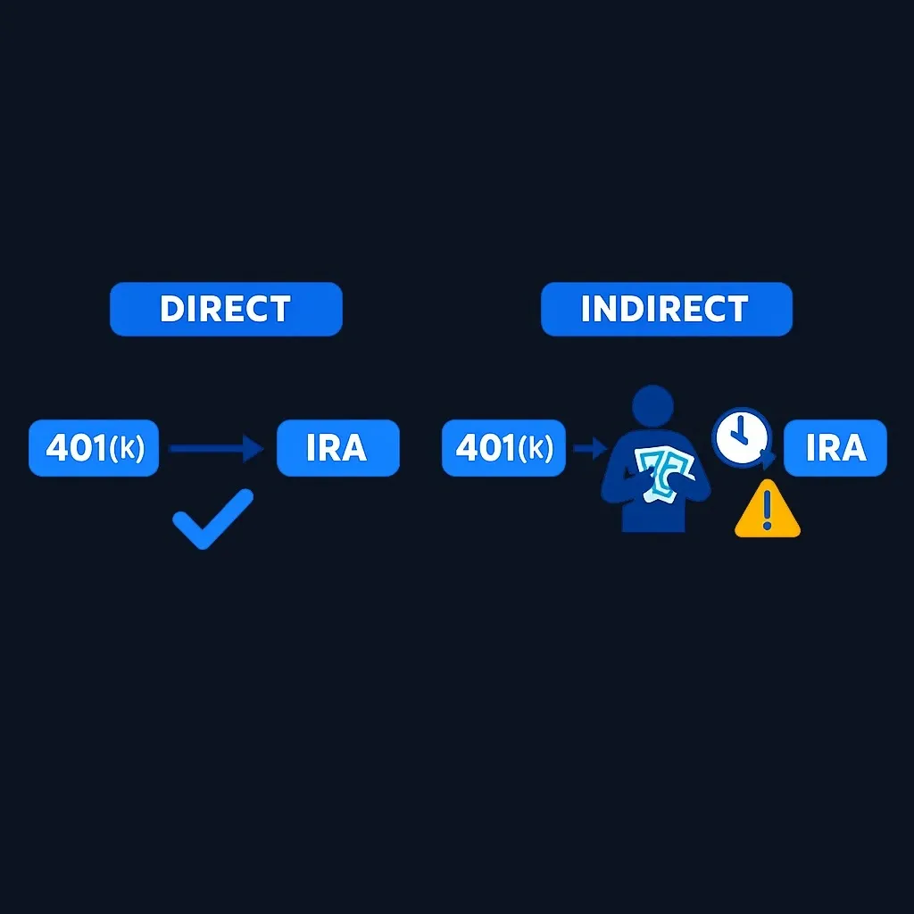 Side-by-side diagram of a direct rollover going plan to IRA, versus an indirect rollover going plan to owner to IRA