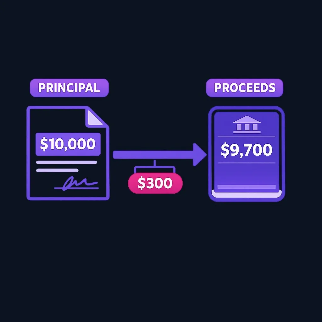 Loan agreement showing $10,000 principal next to a bank account showing $9,700 net proceeds