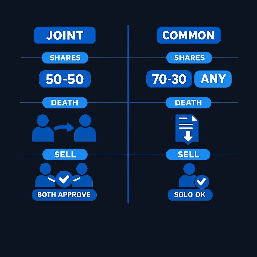 Side-by-side comparison diagram of joint tenancy versus tenancy in common key features