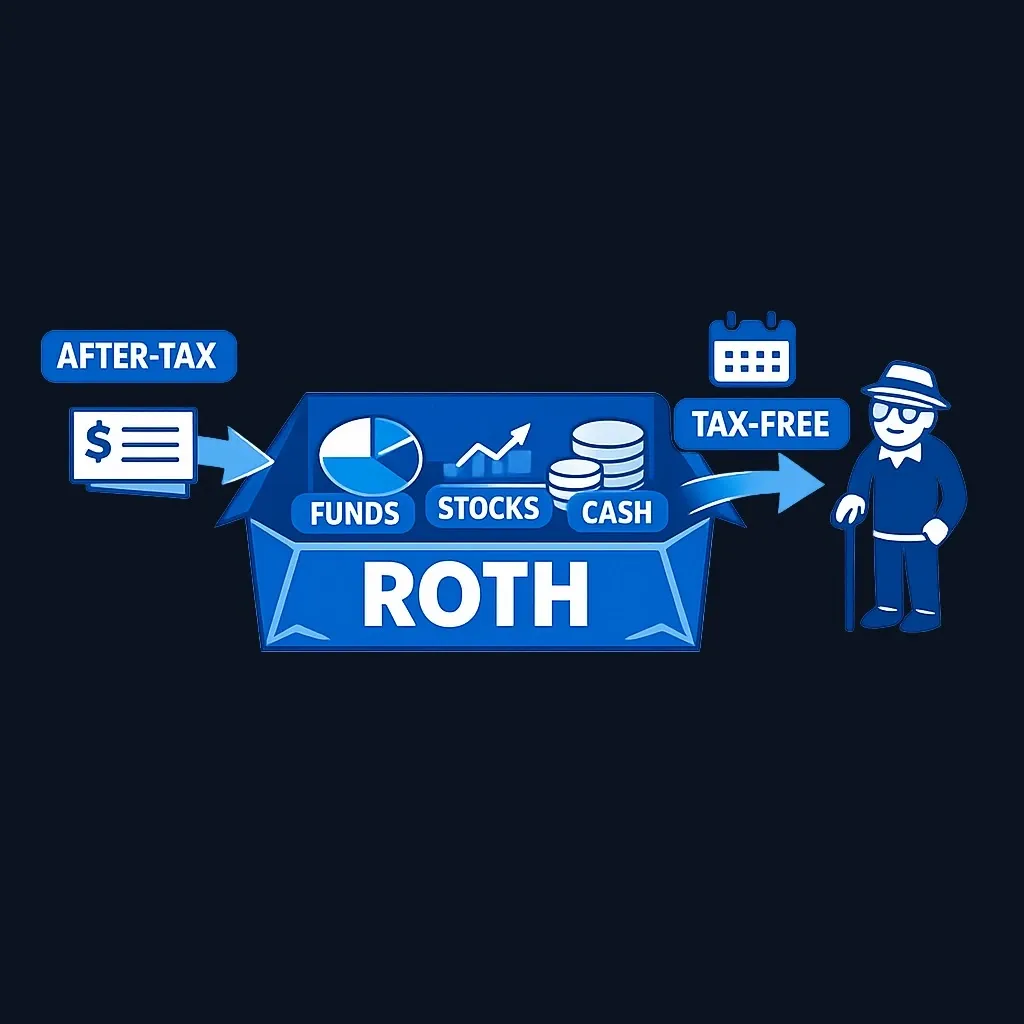 Diagram of an umbrella-shaped Roth IRA wrapper covering funds, stocks and cash, with after-tax money flowing in and a tax-free arrow flowing out