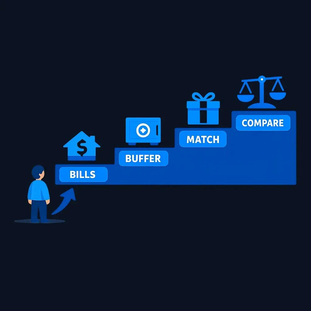 Four-step staircase showing the order of 401(k) and debt decisions