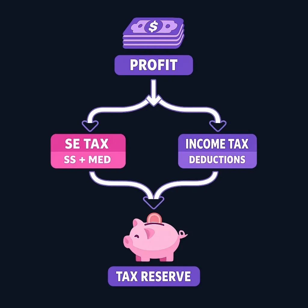 Flowchart showing business profit splitting into reserves for self-employment tax and income tax