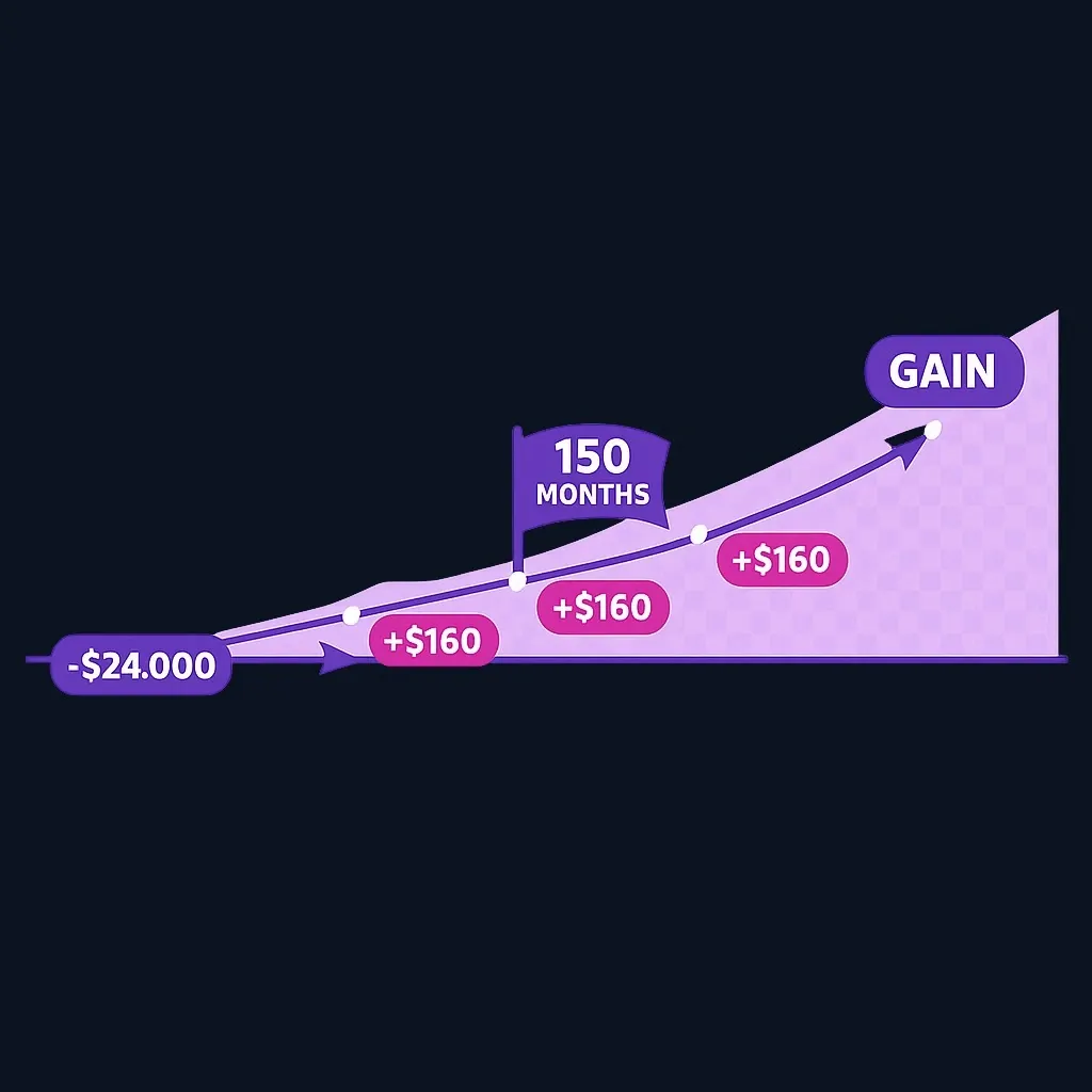 Break-even chart where a $160-per-month gain climbs until it recovers $24,000 at 150 months