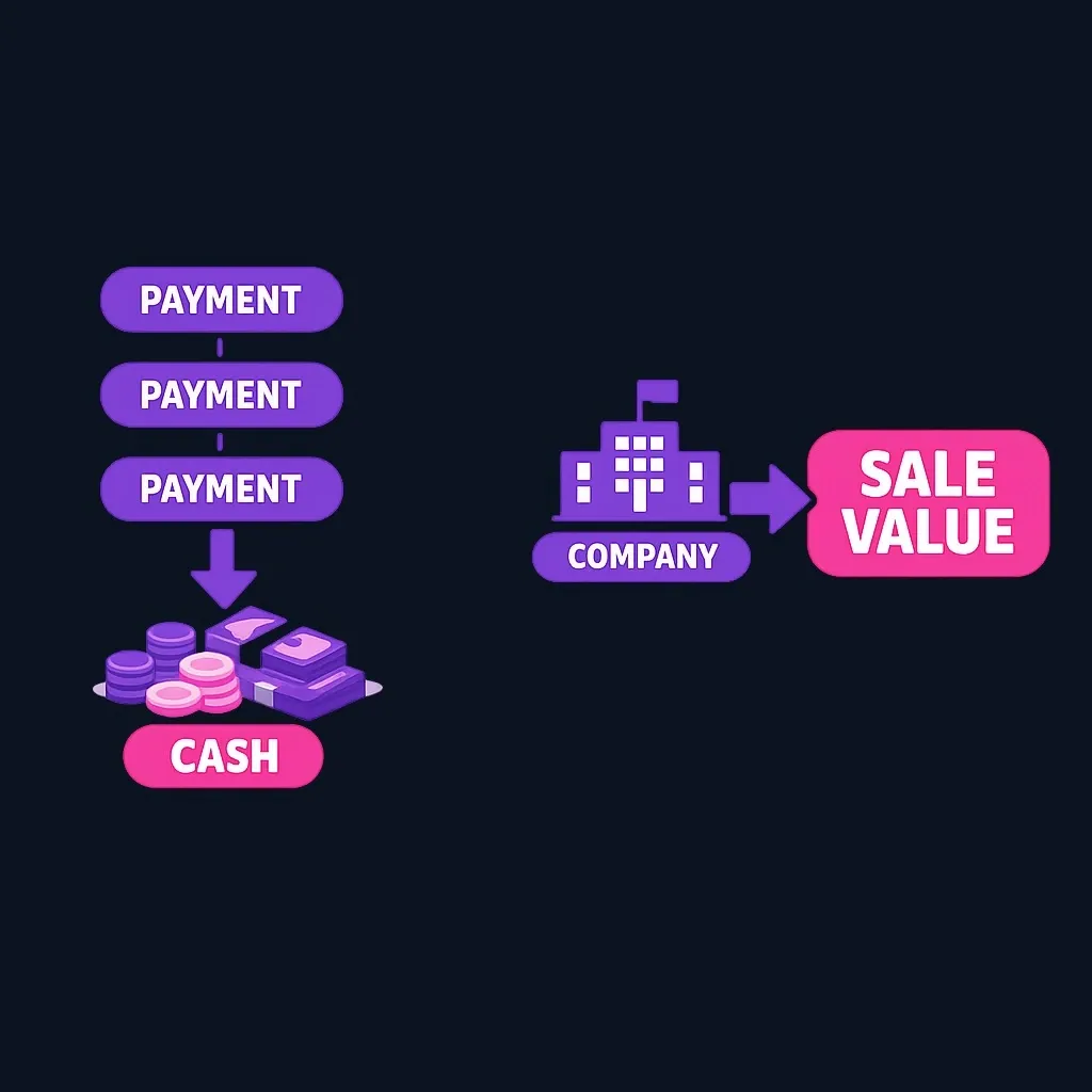 Diagram contrasting credit cash-flow analysis versus equity exit-value analysis