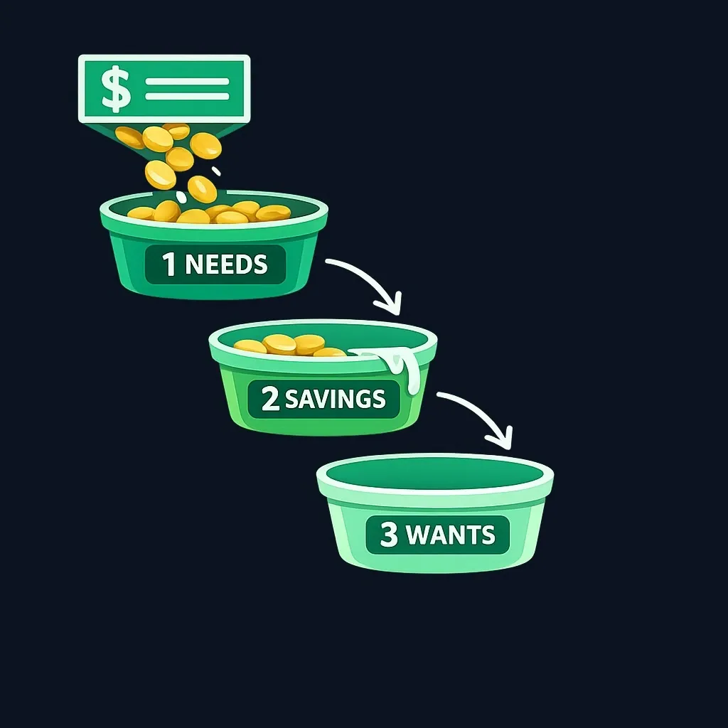 Cascade diagram showing a paycheck flowing first into essentials, then into savings, then into wants