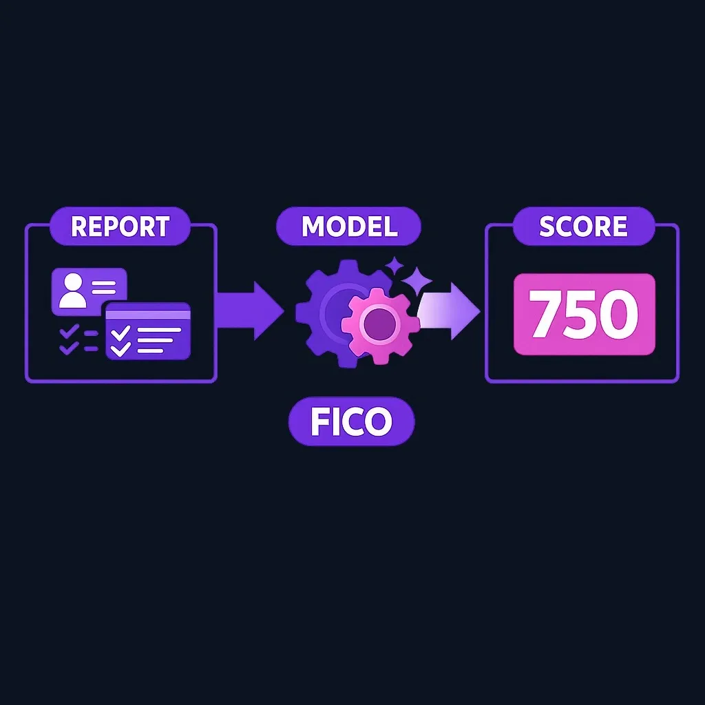 Diagram showing credit report transforming into credit score