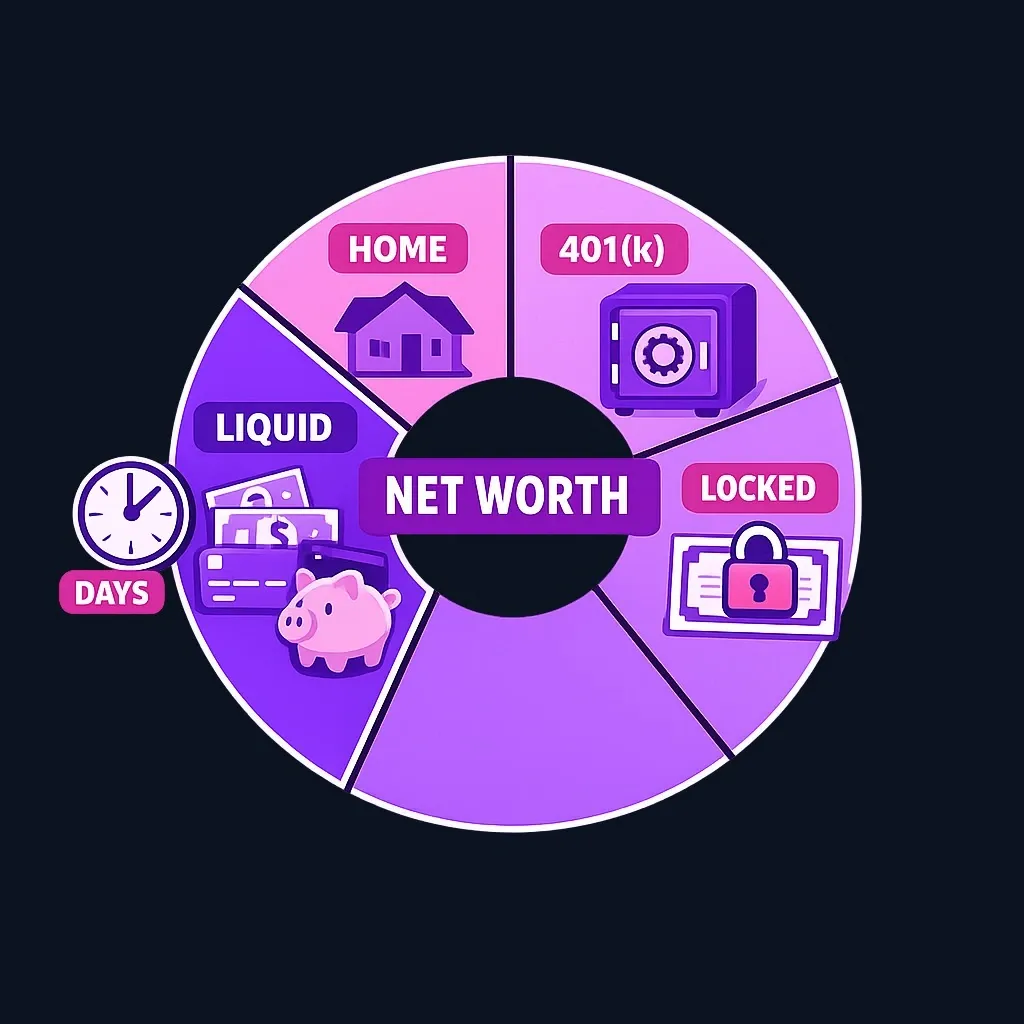 Diagram of a large circle for total net worth with a smaller highlighted slice for liquid net worth containing cash and savings