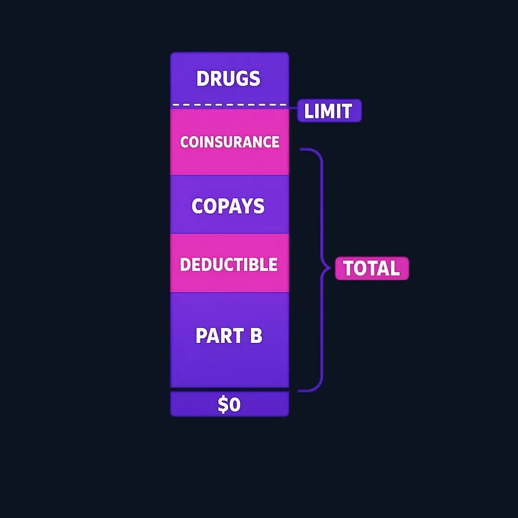 Stacked bar showing a $0 plan premium at the bottom with Part B premium, deductible, copays, coinsurance and drug costs stacked on top, and a horizontal line marking the out-of-pocket limit