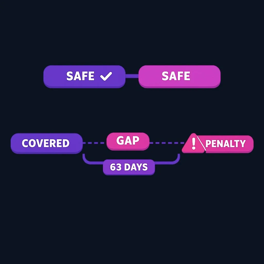 Timeline showing continuous coverage, a gap in coverage, and a 63-day marker leading to a penalty