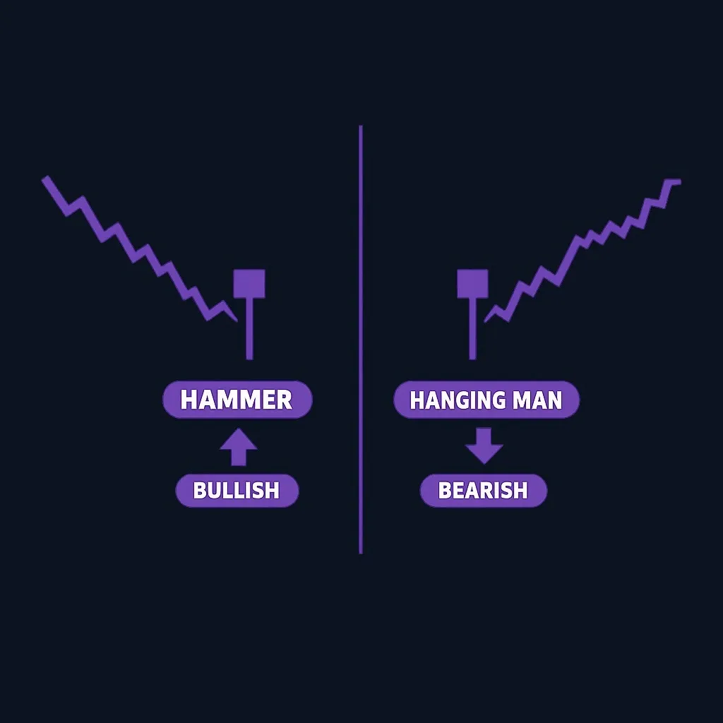 Side-by-side comparison showing hammer pattern after downtrend versus hanging man pattern after uptrend