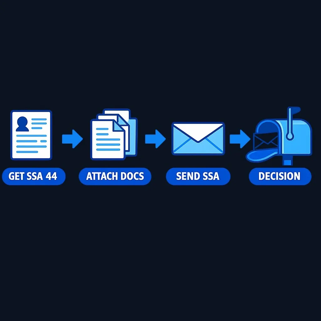 Step-by-step diagram of submitting Form SSA-44 to Social Security Administration for IRMAA review