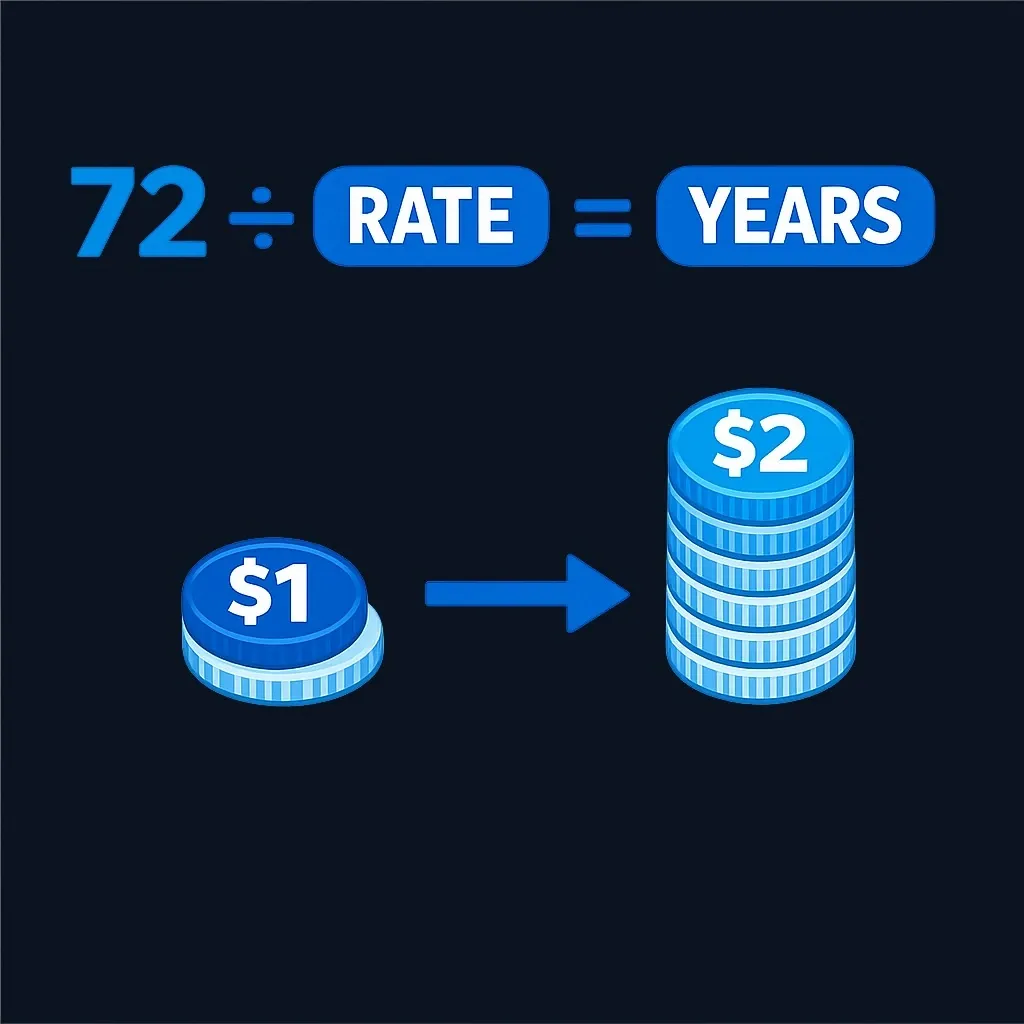 Diagram of the Rule of 72 formula: 72 divided by the rate equals years to double