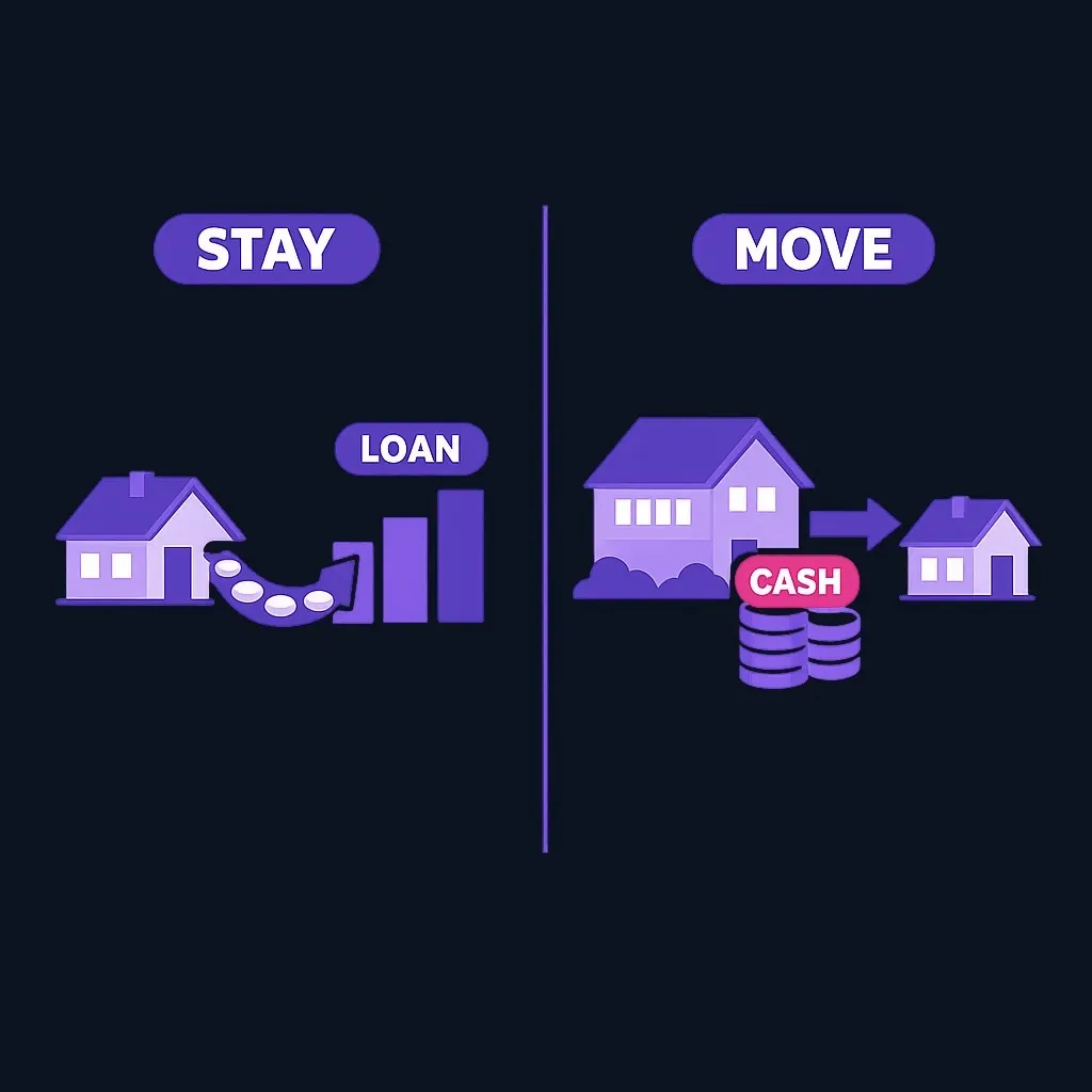 Side-by-side comparison of staying in a home with a reverse mortgage versus selling and moving to a smaller home.