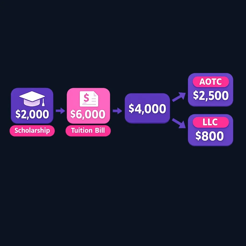 Flow diagram showing $6,000 tuition minus $2,000 aid equals $4,000, producing $2,500 AOTC or $800 LLC