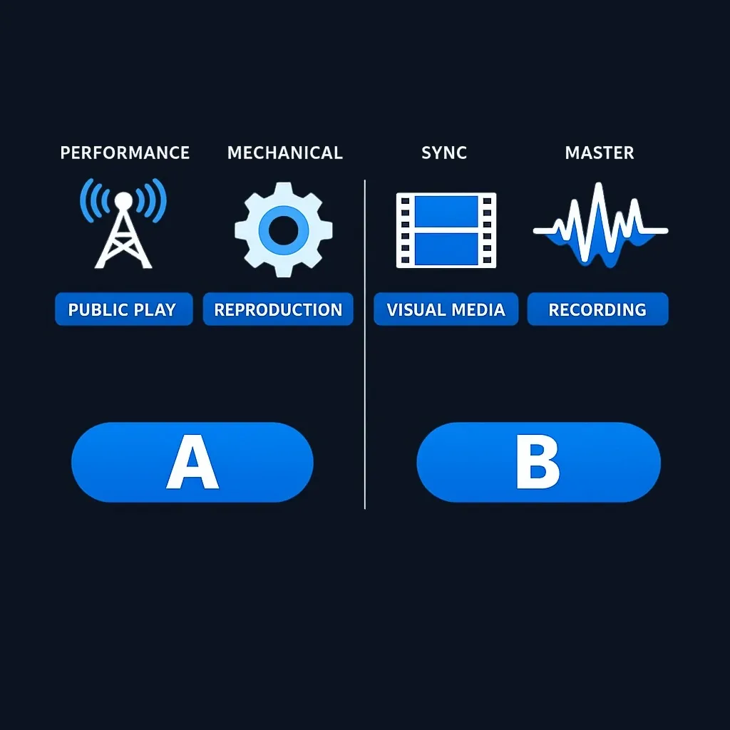 Comparison diagram showing four types of music royalties and their sources