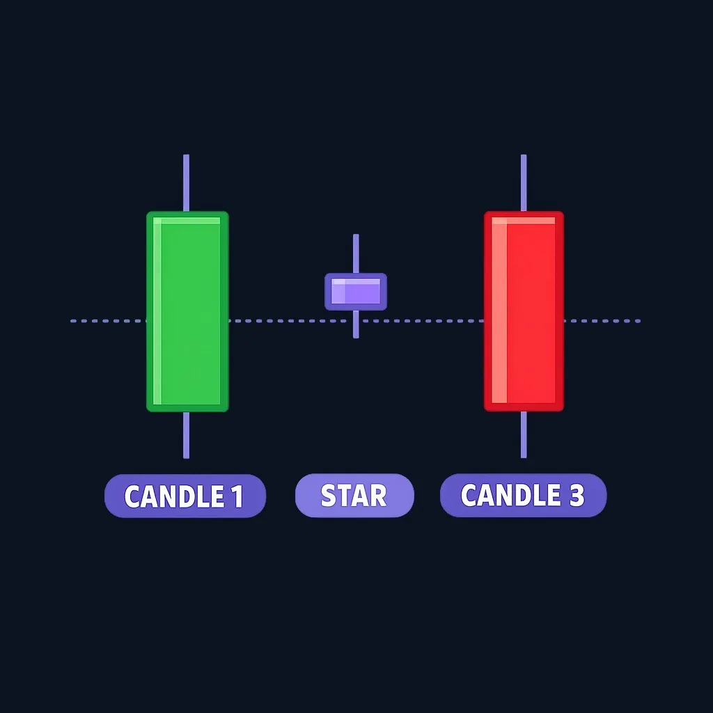 Diagram of evening star pattern showing three candlesticks with labeled structure
