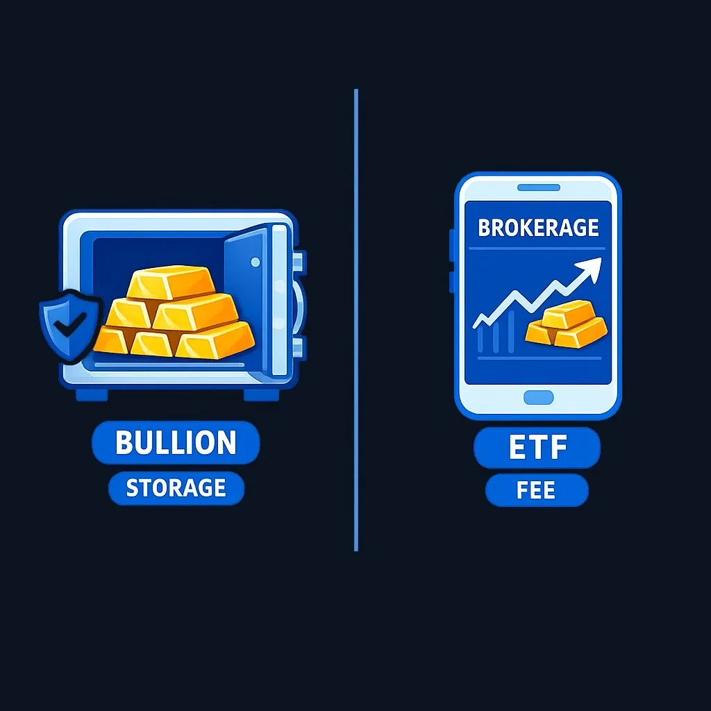 Split diagram comparing physical gold bars in a home safe with a gold ETF held in a brokerage app