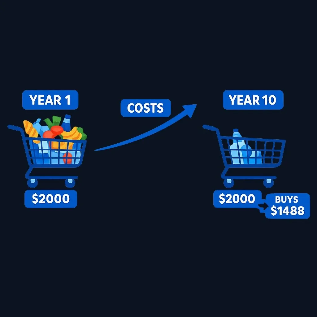 Illustration of how fixed annuity payments lose real purchasing power over time due to inflation