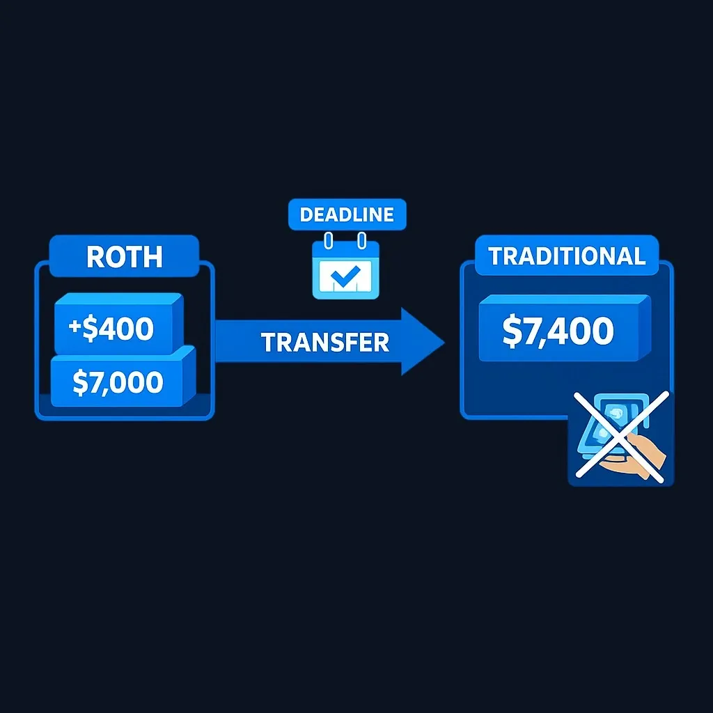 Diagram of a $7,000 contribution plus $400 earnings moving as $7,400 from a Roth IRA to a traditional IRA