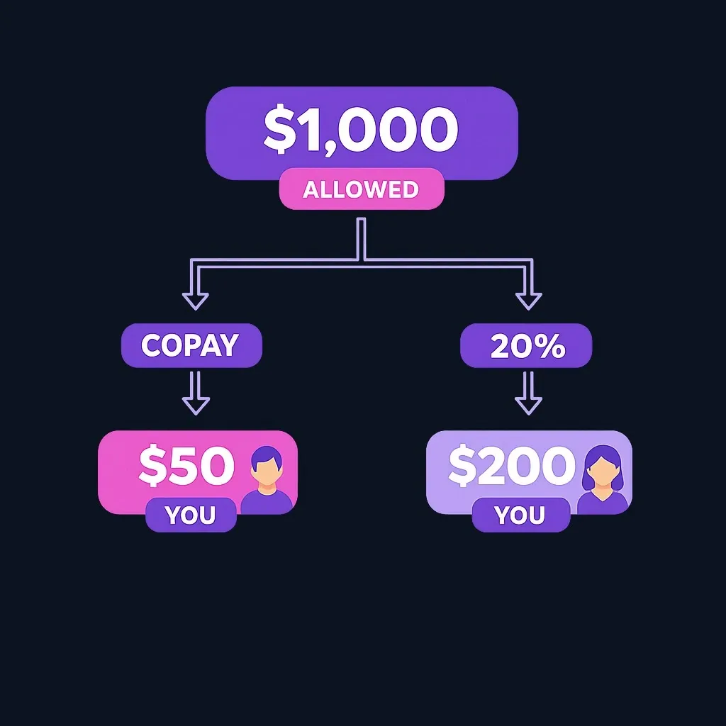 Diagram showing a $1,000 allowed amount leading to a $50 copay share or a $200 share under 20% coinsurance