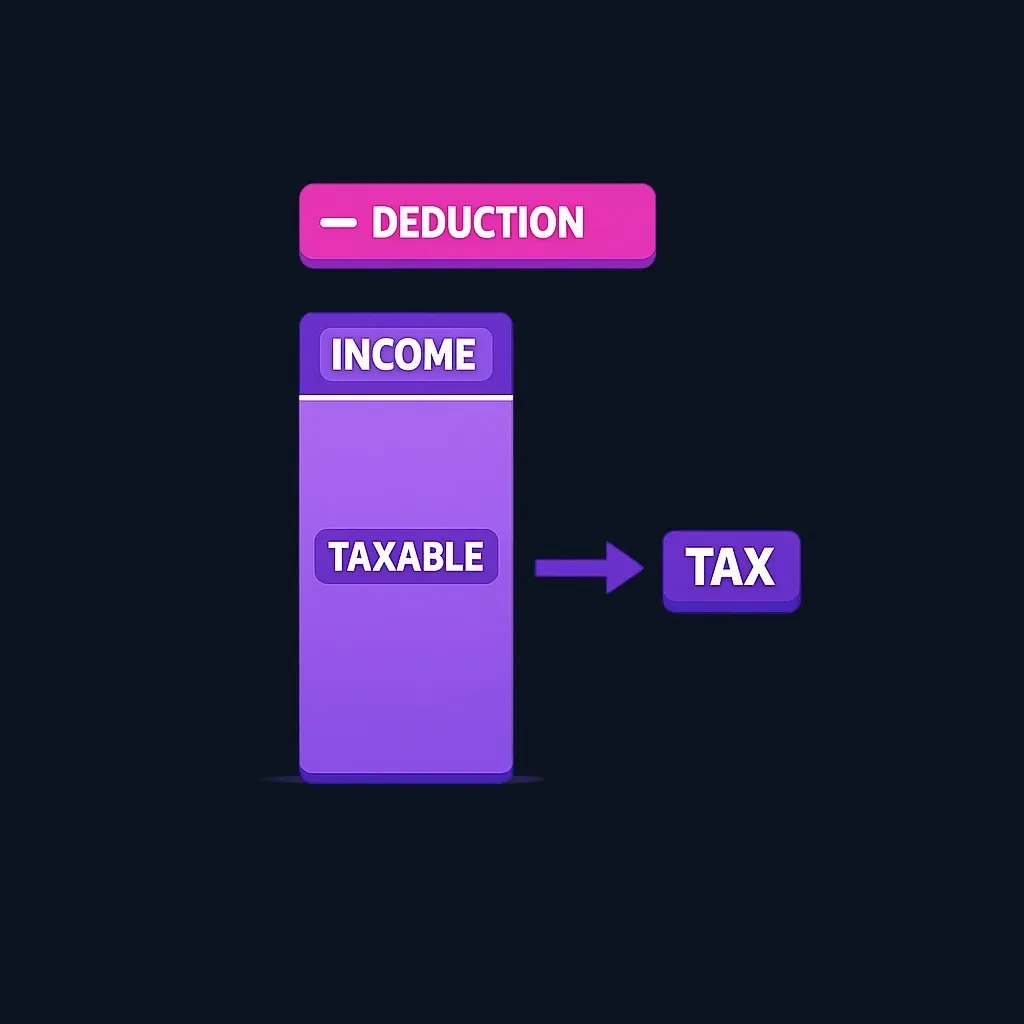 Diagram showing gross income minus a deduction equals taxable income, which is then taxed