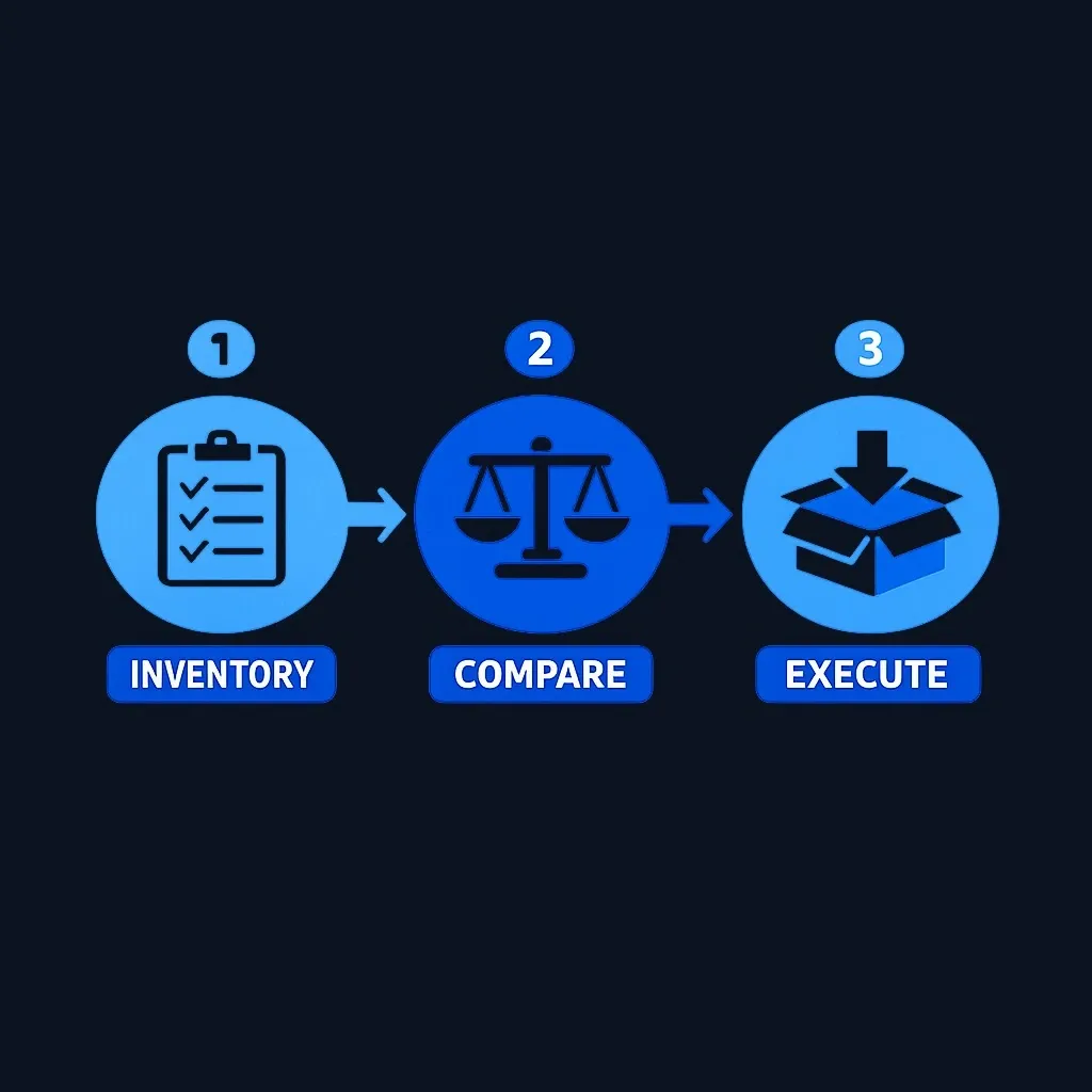Three-step flow diagram: inventory, compare, then execute a direct rollover