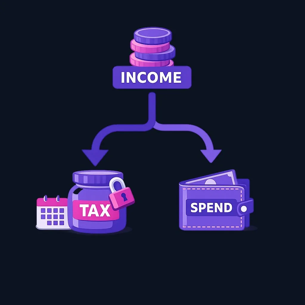 Diagram of incoming untaxed income being split into a tax reserve and money available to spend.