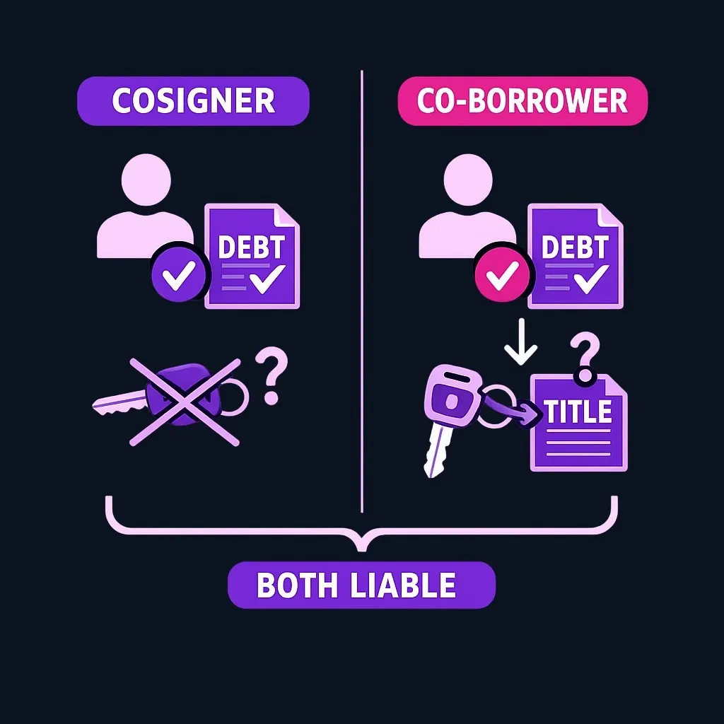 Side-by-side comparison of a cosigner and a co-borrower, showing that both owe the debt but ownership differs