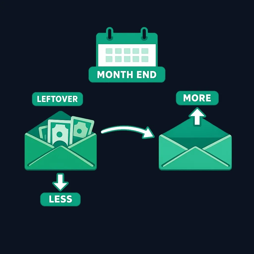 Comparison of two envelopes at period end, one with leftover cash and one empty and short
