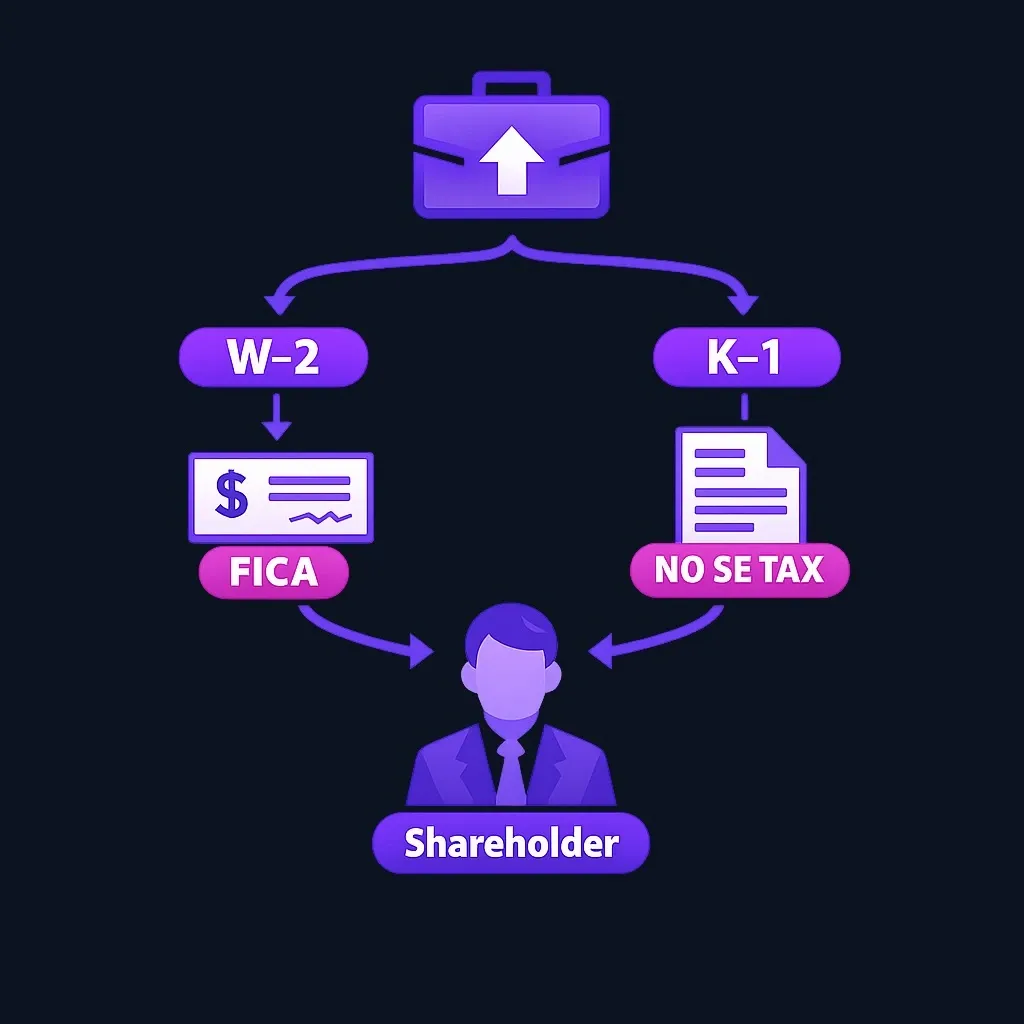 Diagram showing S corporation shareholder receiving W-2 wages subject to employment tax and K-1 pass-through income not subject to self-employment tax