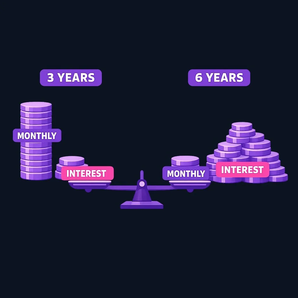 Side-by-side comparison of a short loan with higher monthly payments and less total interest vs a long loan with lower monthly payments and more total interest.