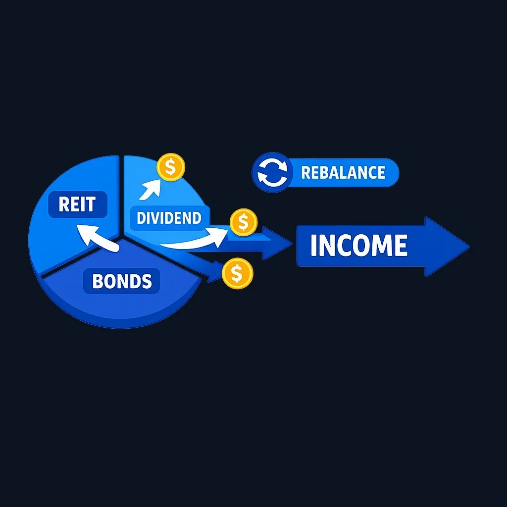 Pie chart splitting a portfolio into REIT, dividend and bond slices, with income arrows flowing from each slice.