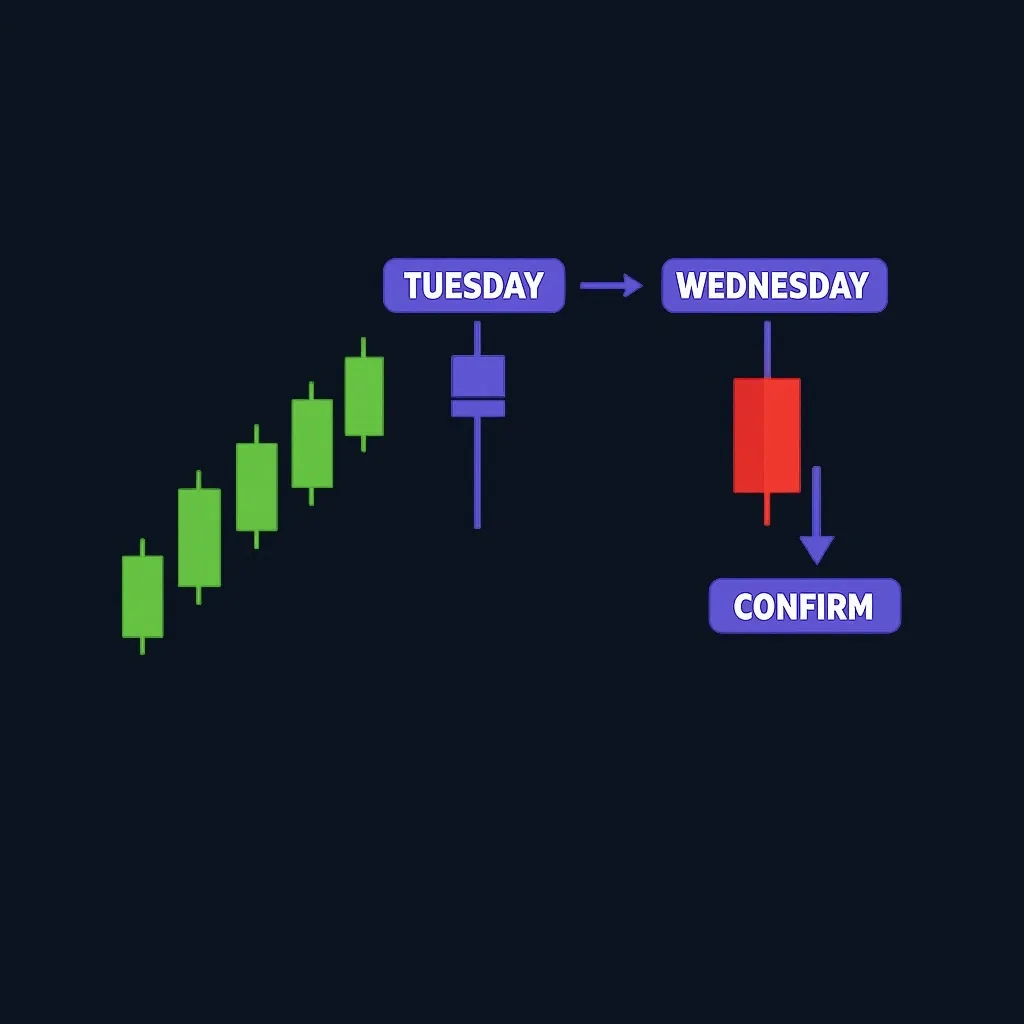 Step-by-step chart example showing hanging man formation followed by bearish confirmation candle