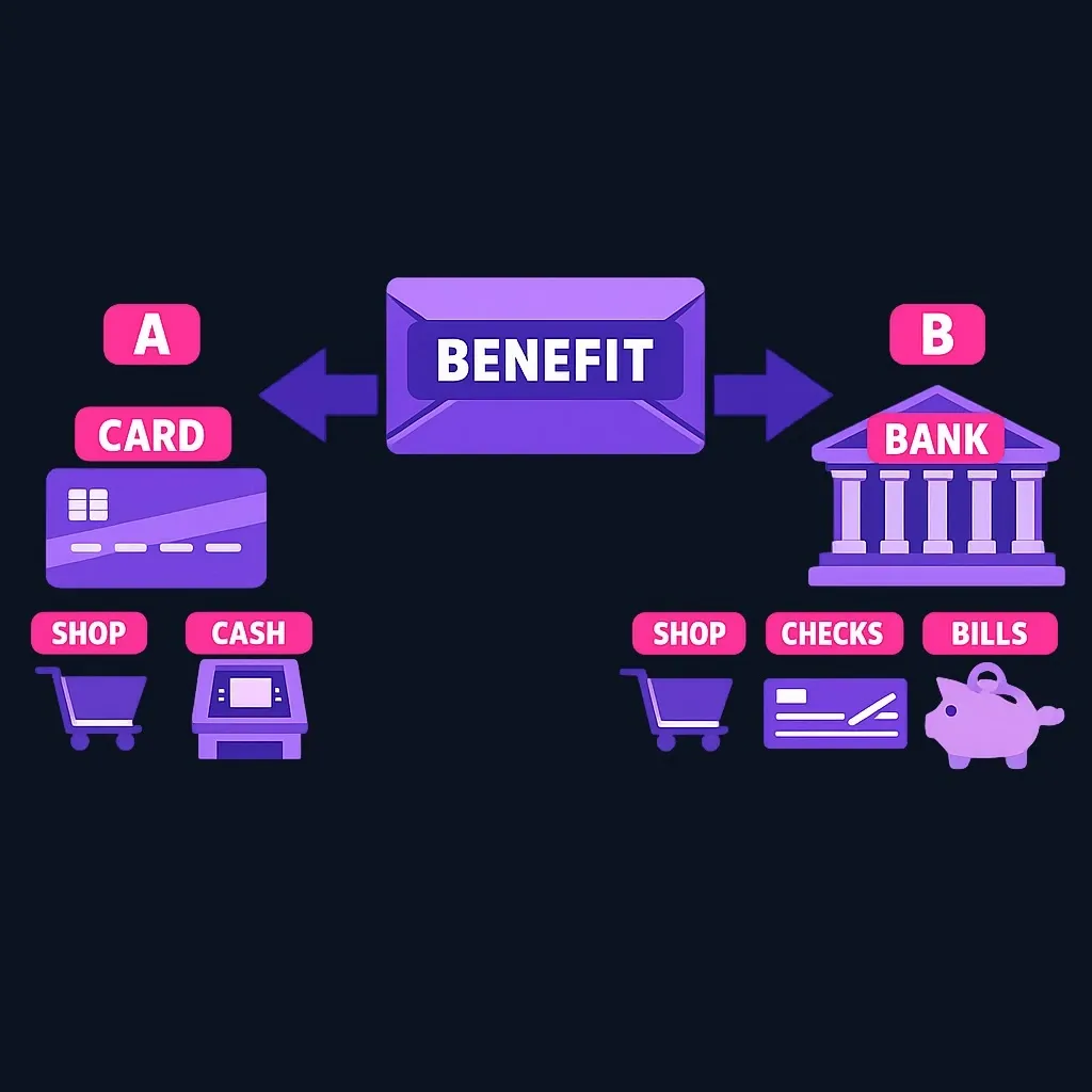 The same benefit payment flowing to a prepaid card on one side and a bank account on the other, with the uses of each shown
