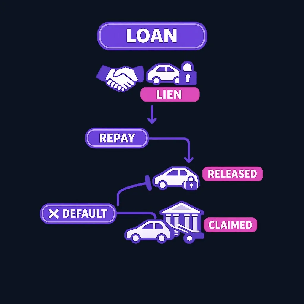 Flowchart of a secured loan from signing with a lien, branching to repay and lien released, or default and collateral claimed