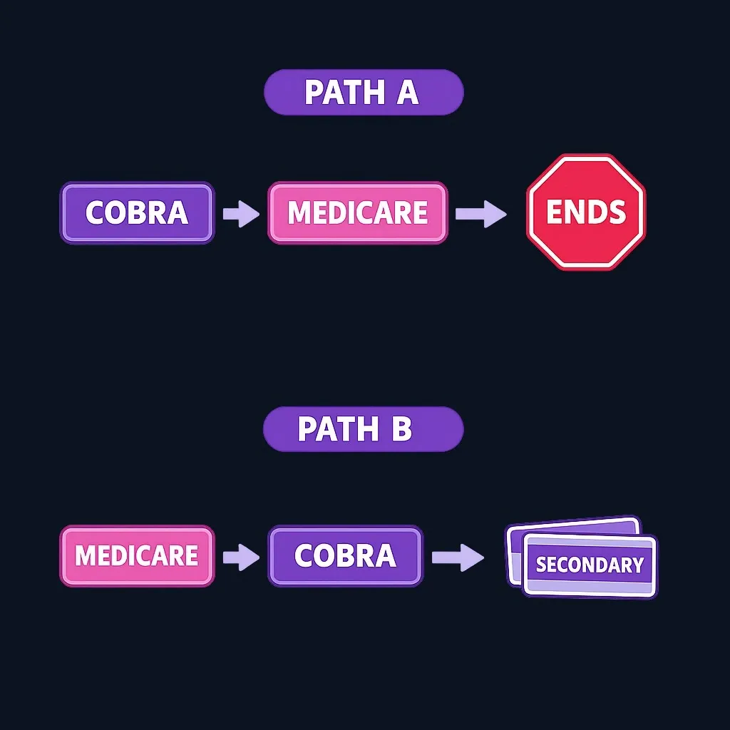 Two paths comparing COBRA-then-Medicare, which may end COBRA, with Medicare-then-COBRA, where COBRA becomes secondary coverage