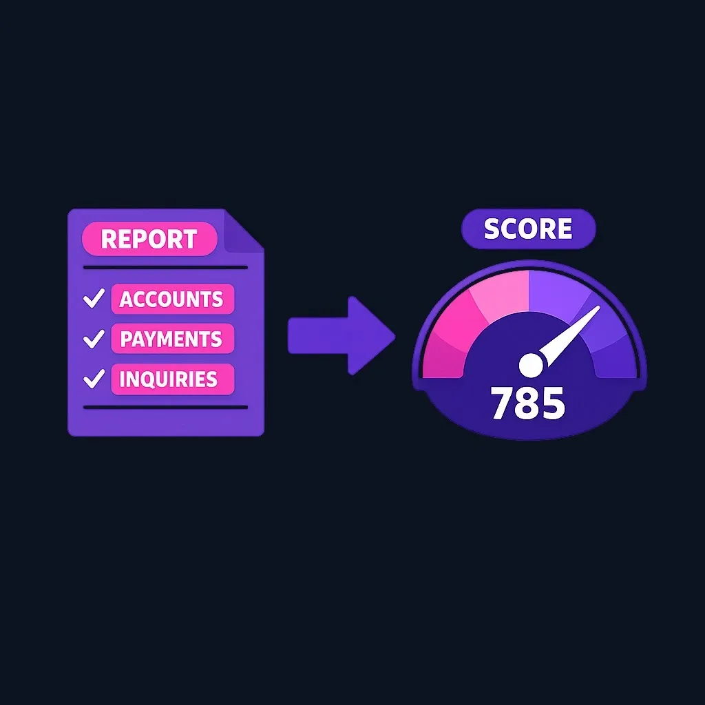 Diagram showing credit report as source data feeding into credit score calculation