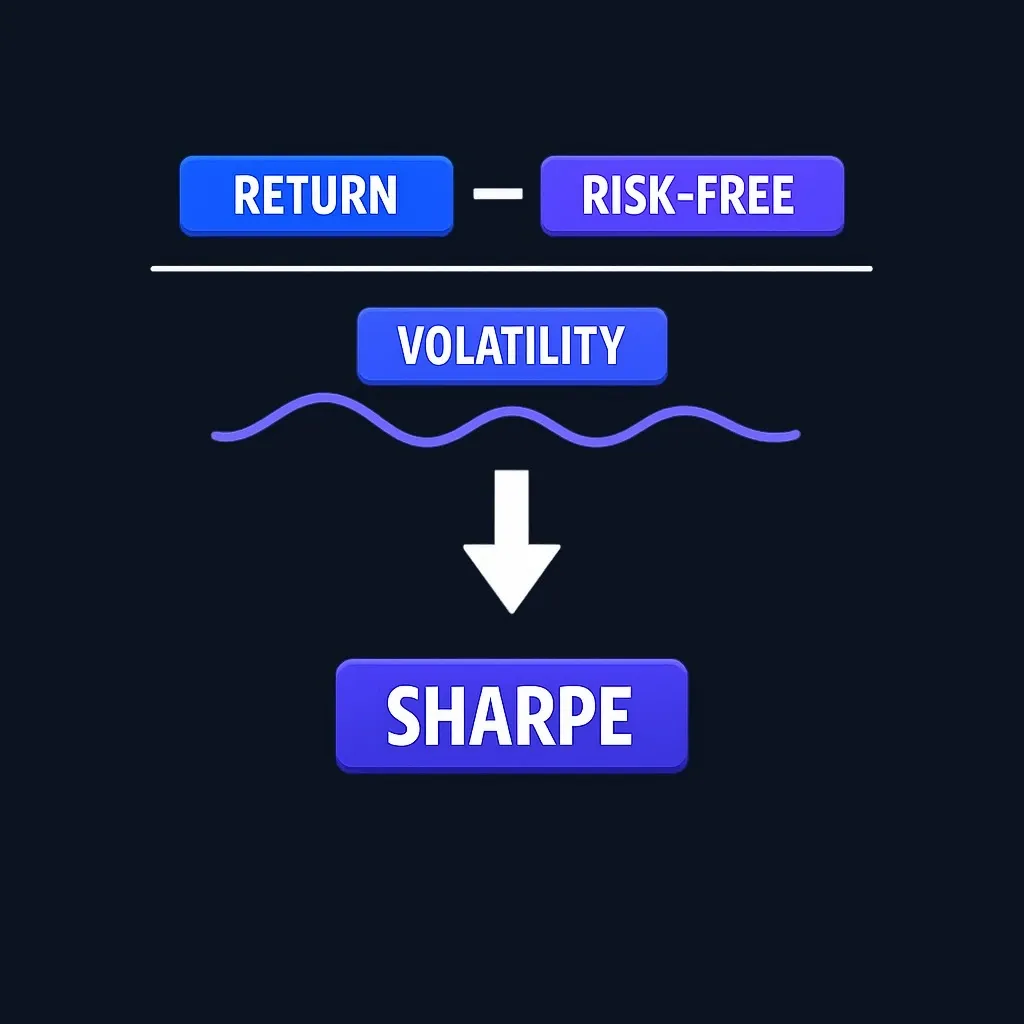 Diagram showing Sharpe ratio formula with portfolio return, risk-free rate, and standard deviation