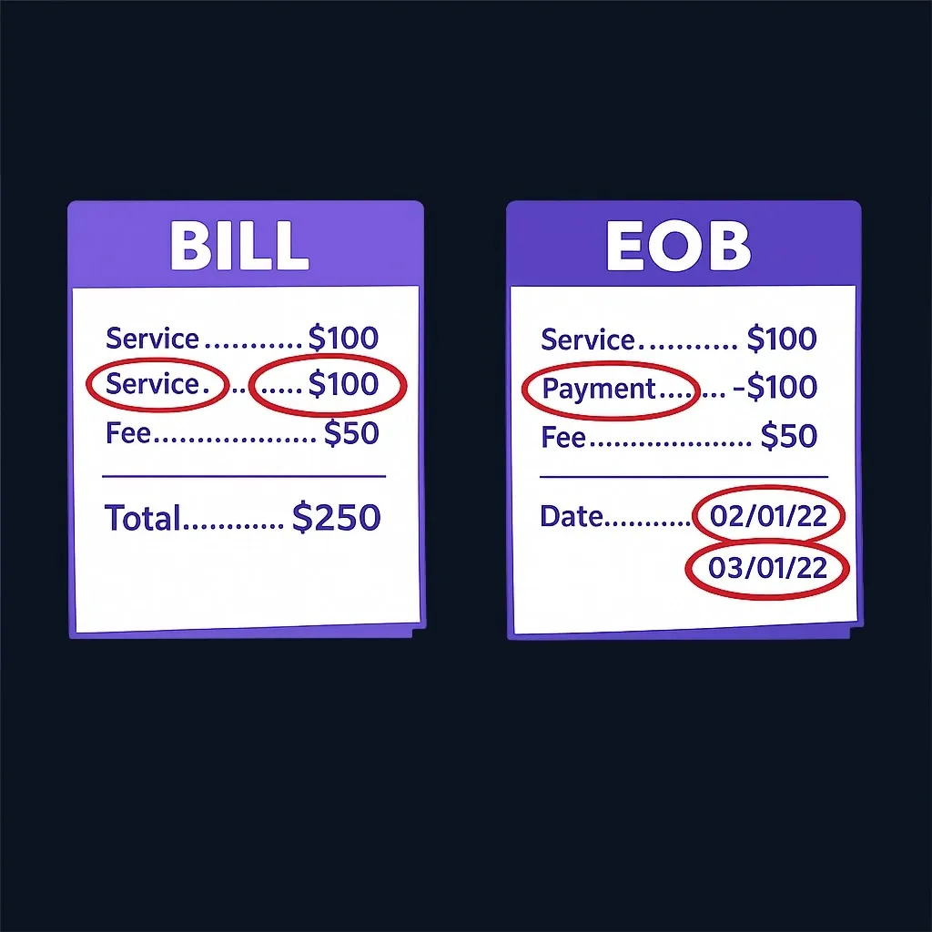 Comparison between itemized medical bill and insurance explanation of benefits showing errors