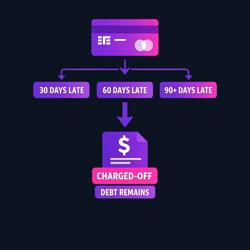 Step-by-step example showing credit card account progressing from 30-day to 90-day delinquency and charge-off