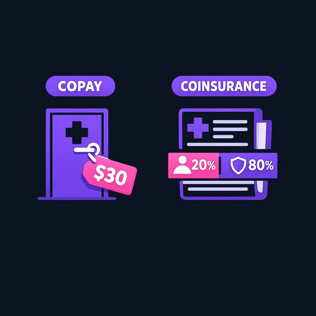 Two panels: a doctor visit with a fixed $30 tag labeled copay, and a medical bill split into a 20% patient slice labeled coinsurance