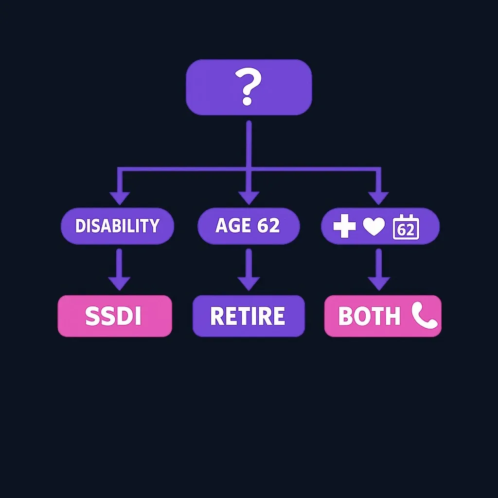 A decision flowchart branching from a starting question into SSDI, early retirement, or both paths.